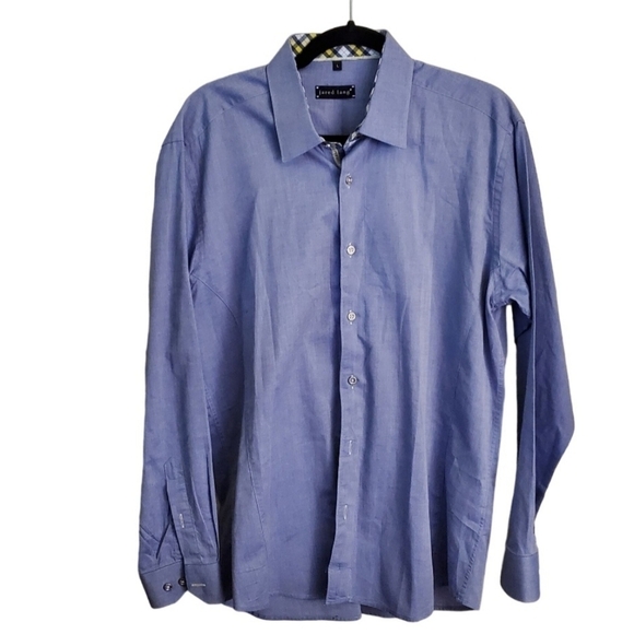 Jared Lang Blue Chambray Button Front Shirt Contrasting Blue Yellow Plaid Size L - Picture 1 of 8